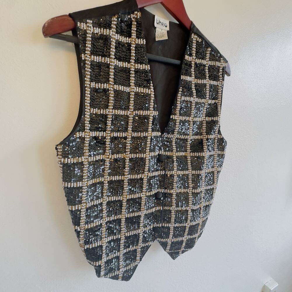 Vintage Theo Black Gold Sequin Beaded Vest Women’s M Holiday Party Top - Picture 2 of 8